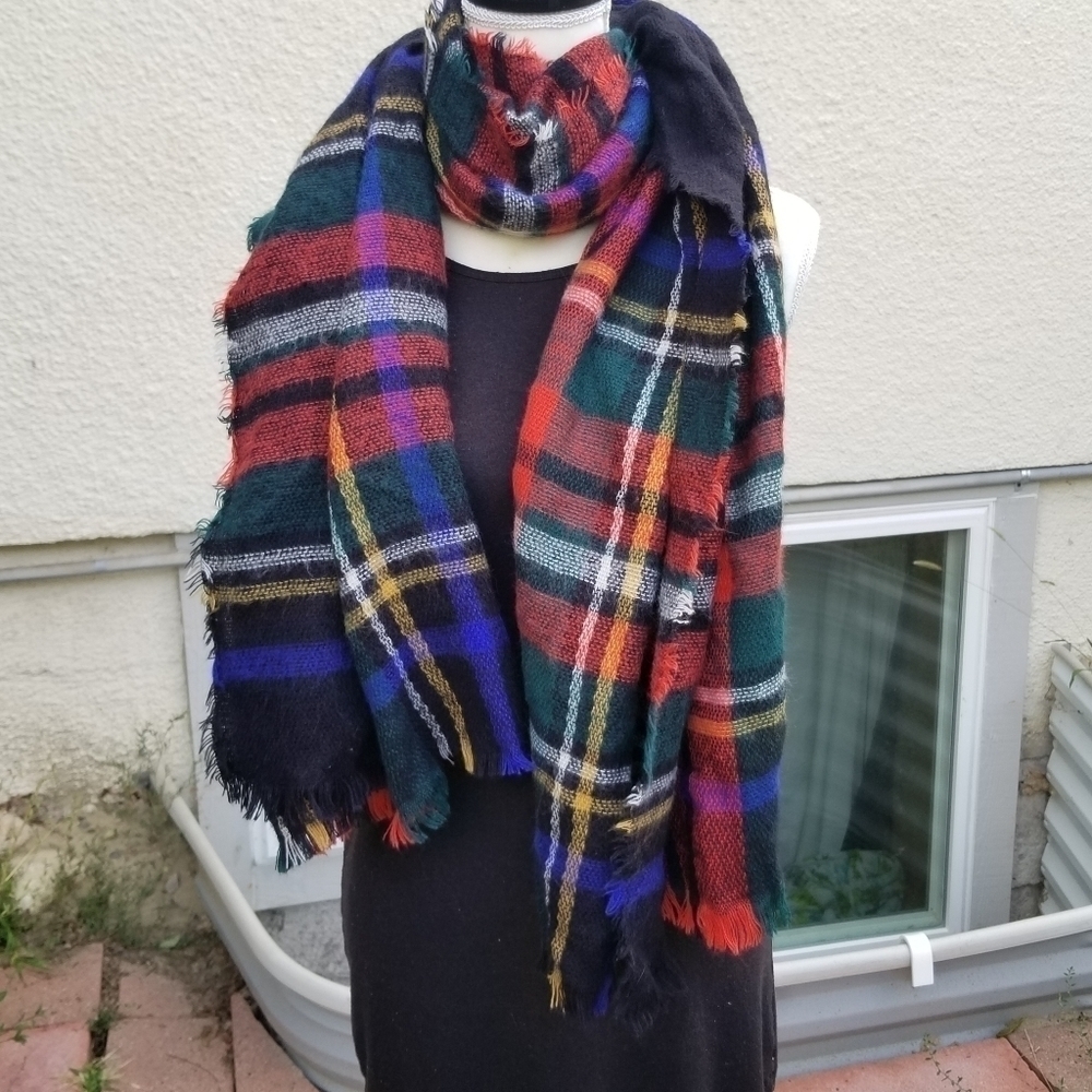 dark plaid rectangle blanket scarf black orange green blue yellow white